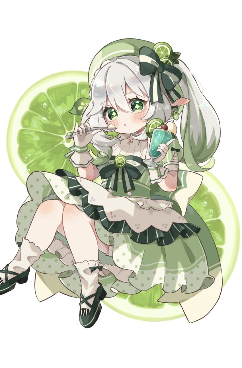 1girl, :o, back_bow, beret, bloomers, blush, bow, bow_earrings, braid, brooch, buttons, cherry, cross-shaped_pupils, cup, earrings, eyelashes, food, food-themed_brooch, food-themed_earrings, food-themed_hat_ornament, frilled_shirt_collar, frilled_skirt, frills, fruit, fruit_brooch, fruit_hat_ornament, genshin_impact, gloves, green_bow, green_eyes, green_hair, green_hat, green_ribbon, green_shoes, green_skirt, hair_between_eyes, hair_bow, hair_intakes, hair_ornament, hands_up, hat, hat_ornament, high-waist_skirt, highres, holding, holding_cup, holding_spoon, huge_bow, ice_cream, ice_cream_float, jewelry, layered_skirt, leaf_hair_ornament, lime_(fruit), lime_earrings, lime_slice, long_hair, looking_at_viewer, melon_soda, multicolored_hair, nahida_(genshin_impact), nanakusa_yomogi, open_mouth, pointy_ears, polka_dot, polka_dot_skirt, puffy_short_sleeves, puffy_sleeves, ribbon, shirt, shoes, short_sleeves, side_ponytail, sidelocks, simple_background, single_braid, skirt, socks, solo, spoon, streaked_hair, striped_bow, symbol-shaped_pupils, underwear, white_background, white_bloomers, white_gloves, white_hair, white_shirt, white_skirt, white_socks