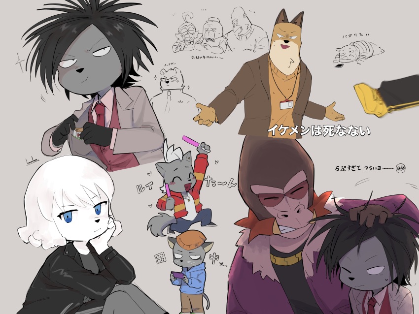 1girl, 6+boys, :t, ^_^, absurdres, animal_nose, bamboo_617, black_gloves