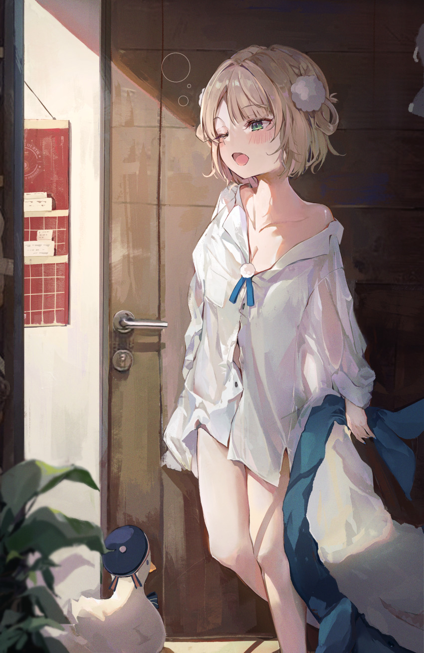 1girl, absurdres, bird, breasts, cleavage, door, dress_shirt, duck