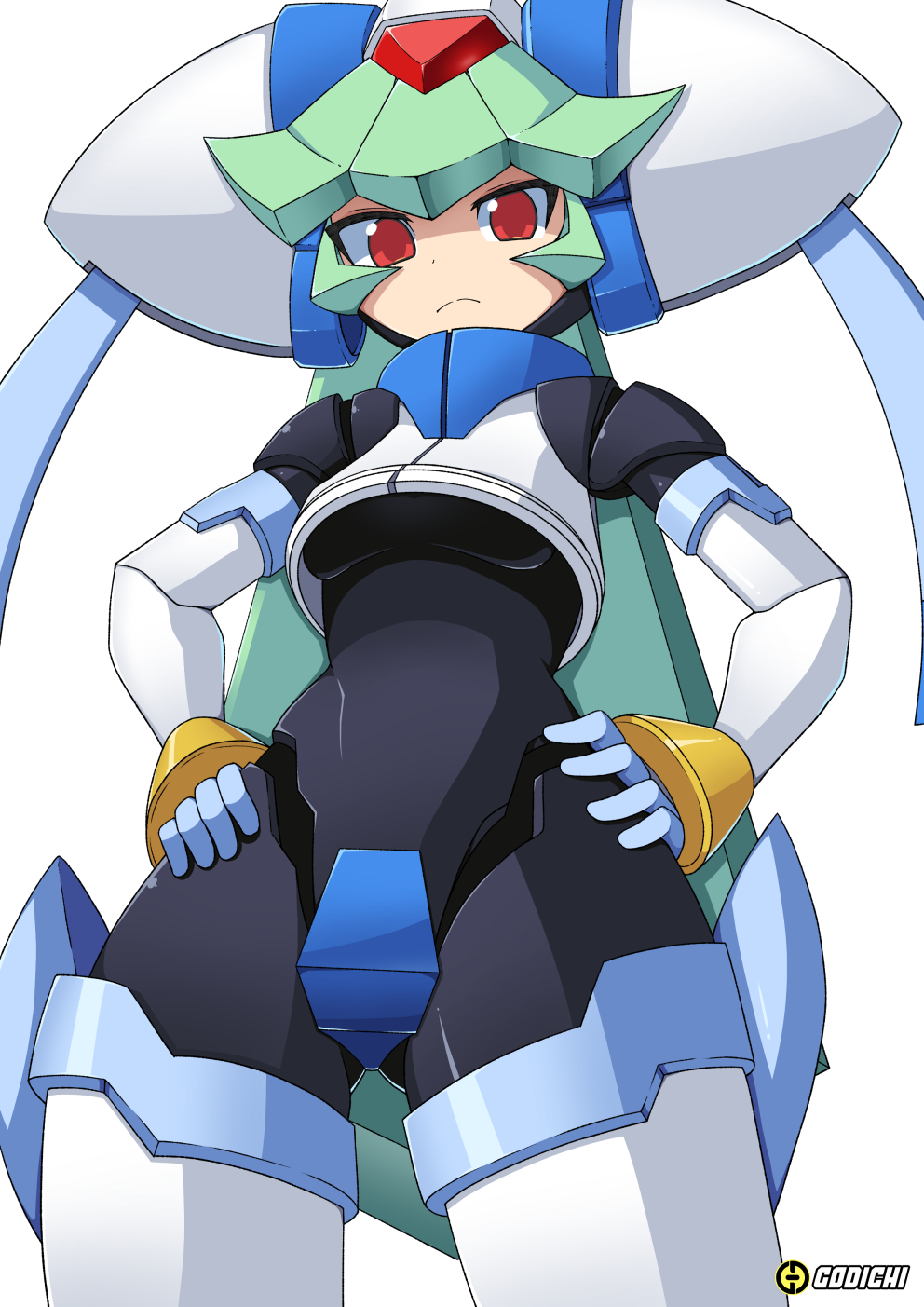 1girl, android, armor, artist_name, commentary, cowboy_shot, crop_top, crotch_plate