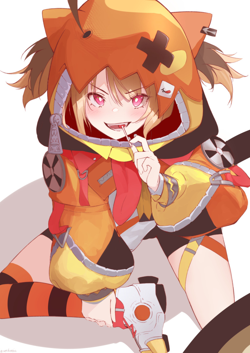 1girl, aesfixcia, bike_shorts, blush, fang, gigi_murin, gigi_murin_(1st_costume), highres