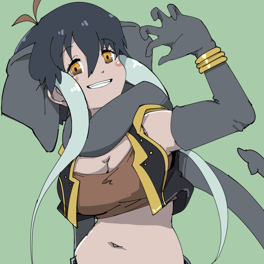 1girl, animal_ears, bare_shoulders, blush, borneo_elephant_(kemono_friends), bracelet, brown_shirt, crop_top, elbow_gloves, elephant_ears, elephant_girl, elephant_tail, extra_ears, gloves, gold_trim, grey_gloves, grey_hair, grey_vest, hair_between_eyes, highres, irimo_(knhg3432), jewelry, kemono_friends, midriff, multicolored_hair, navel, open_clothes, open_vest, orange_eyes, shirt, short_hair_with_long_locks, sidelocks, sleeveless, smile, solo, two-tone_hair, upper_body, vest, white_hair