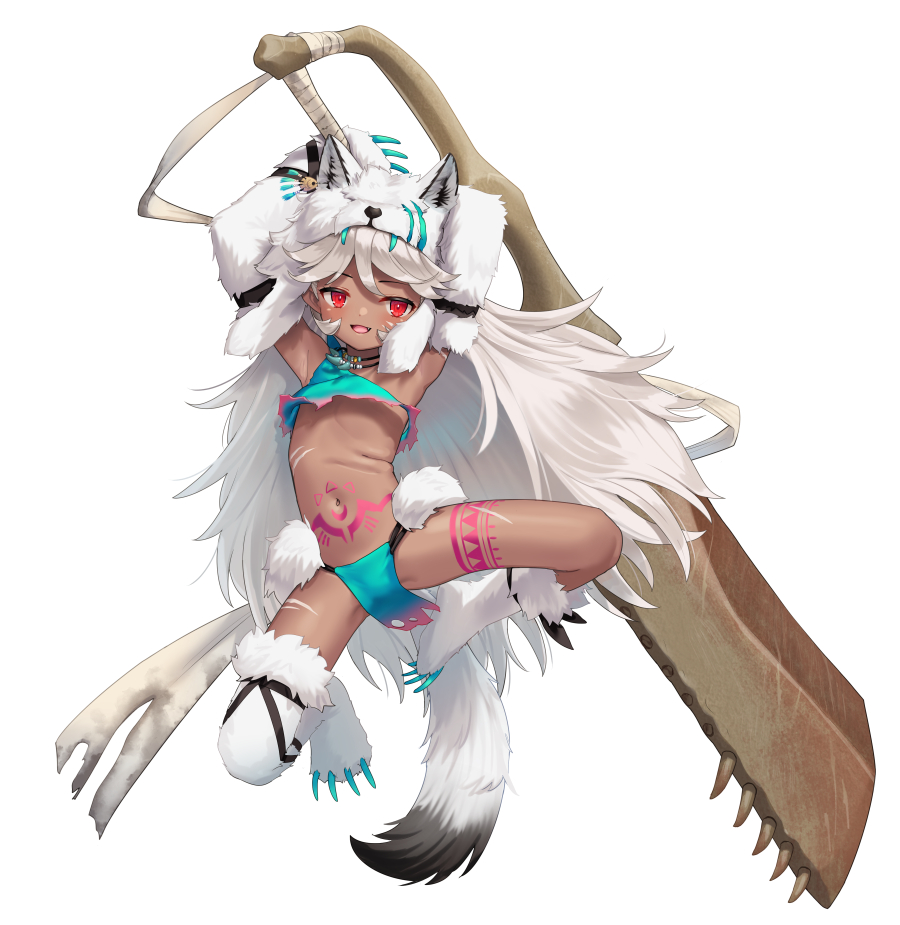 1girl, animal_feet, animal_hands, armpits, arms_up, asymmetrical_footwear, blue_loincloth, character_request