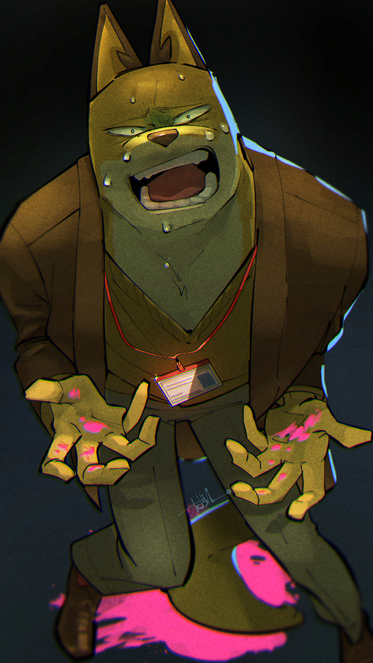 1boy, animal_ears, batta1107, black_background, blood, blood_on_hands, brown_hood, brown_jacket