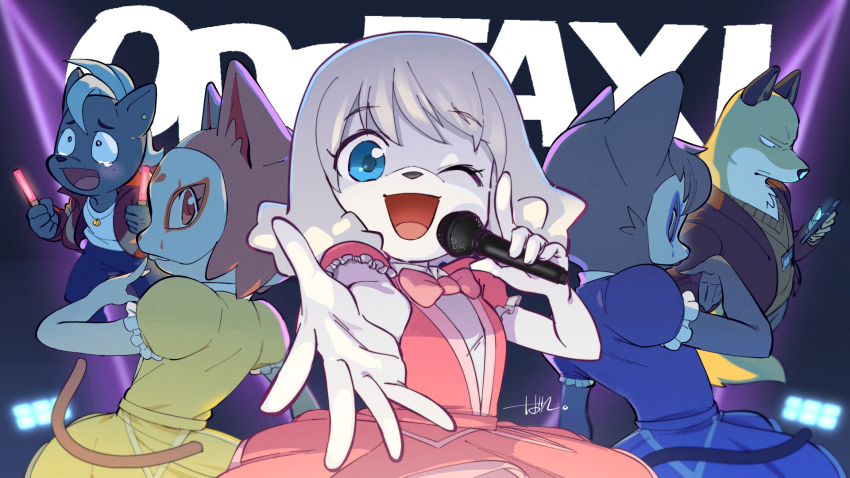 2boys, 3girls, ;d, animal_ears, animal_nose, batta1107, blue_dress, blue_eyes, bow, bowtie, brown_hair, cat_ears, cat_girl, cat_tail, colored_skin, copyright_name, dress, foreshortening, fox_ears, frilled_sleeves, frills, furry, furry_female, furry_male, glowstick, highres, holding, holding_glowstick, holding_microphone, holding_phone, ichimura_shiho, idol, imai_shun, looking_at_viewer, microphone, mitsuya_yuki, multiple_boys, multiple_girls, nikaidou_rui, odd_taxi, one_eye_closed, open_mouth, outstretched_arm, phone, pink_bow, pink_bowtie, pink_dress, puffy_short_sleeves, puffy_sleeves, reaching, reaching_towards_viewer, red_eyes, short_hair, short_sleeves, signature, smile, tail, upper_body, white_hair, white_skin, yamamoto_fuyuki, yellow_dress
