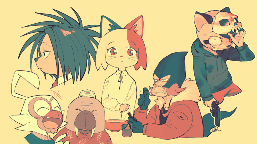 1girl, 5boys, ^_^, batta1107, black_hair, bloodshot_eyes, blue_hoodie, bowl