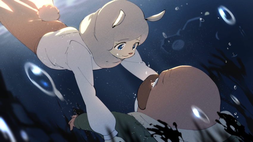 1boy, 1girl, air_bubble, alpaca_ears, alpaca_tail, animal_ears, animal_nose, batta1107, blue_eyes, brown_skirt, bubble, crying, crying_with_eyes_open, eye_contact, feet_out_of_frame, film_grain, furry, furry_female, furry_male, imminent_hug, long_sleeves, looking_at_another, odd_taxi, odokawa_hiroshi, outstretched_arms, shirakawa_miho, shirt, skirt, smile, tail, tears, underwater, walrus_boy, white_shirt