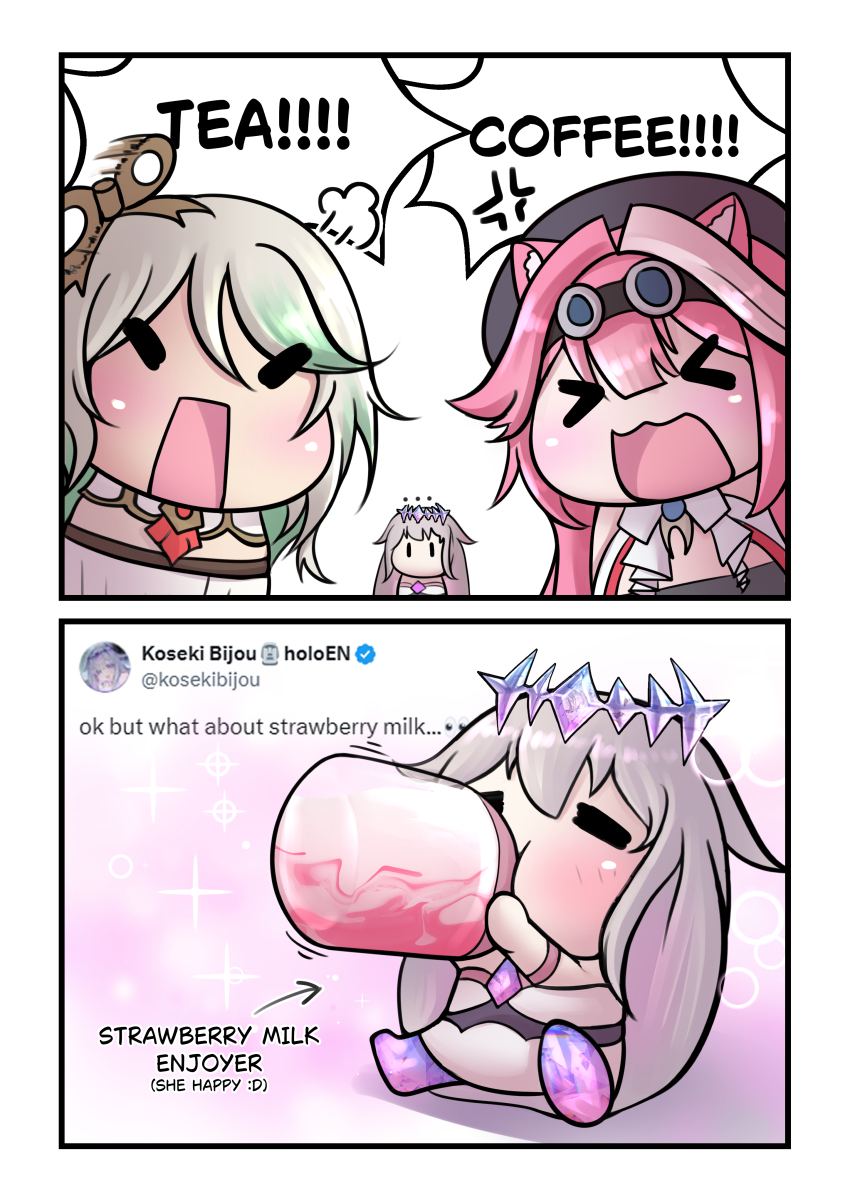 >_<, 3girls, absurdres, animal_ears, ascot, beret, black_hat, cecilia_immergreen, cecilia_immergreen_(1st_costume), closed_eyes, drink_carton, english_text, green_hair, grey_hair, hat, highres, holding, holding_milk_carton, hololive, hololive_english, koseki_bijou, koseki_bijou_(1st_costume), long_hair, milk_carton, multicolored_hair, multiple_girls, open_mouth, panther_ears, panther_girl, pink_hair, raora_panthera, raora_panthera_(1st_costume), seapupu, strawberry_milk, streaked_hair, tweet, very_long_hair, virtual_youtuber, white_ascot