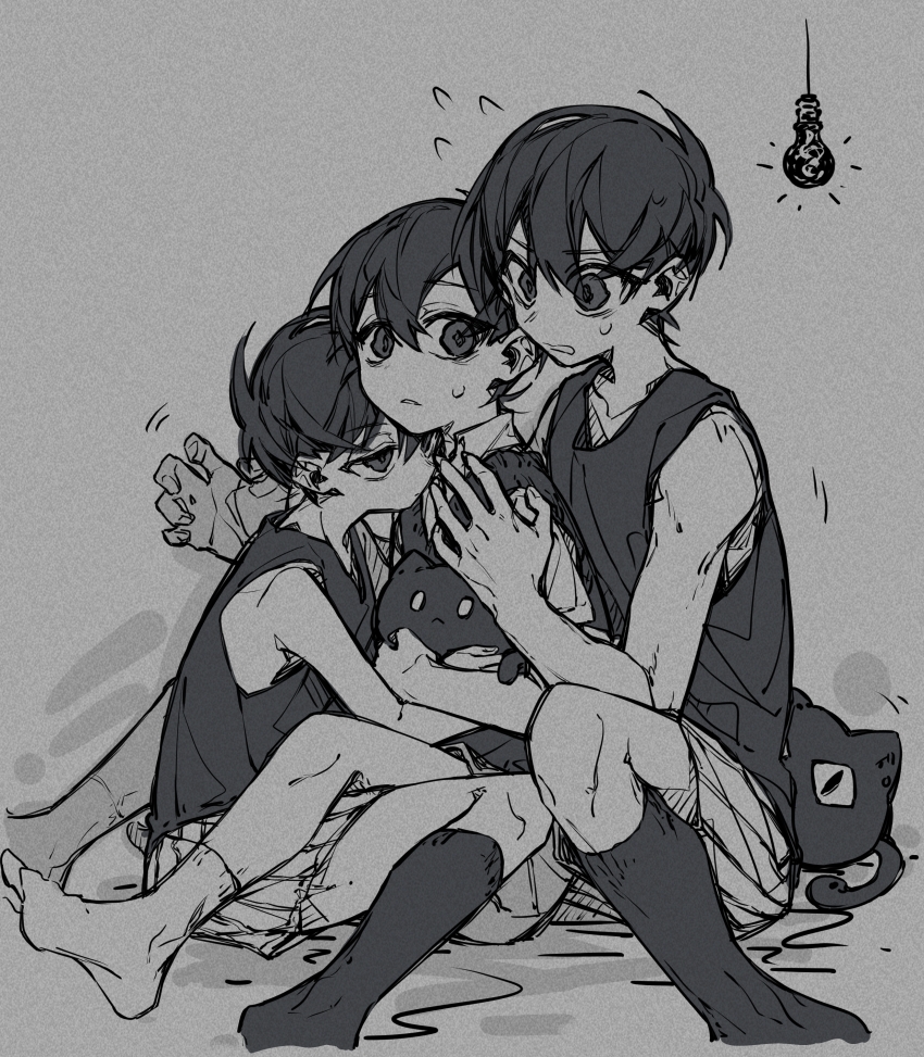 3boys, absurdres, cat, closed_mouth, collared_shirt, flying_sweatdrops, greyscale, highres