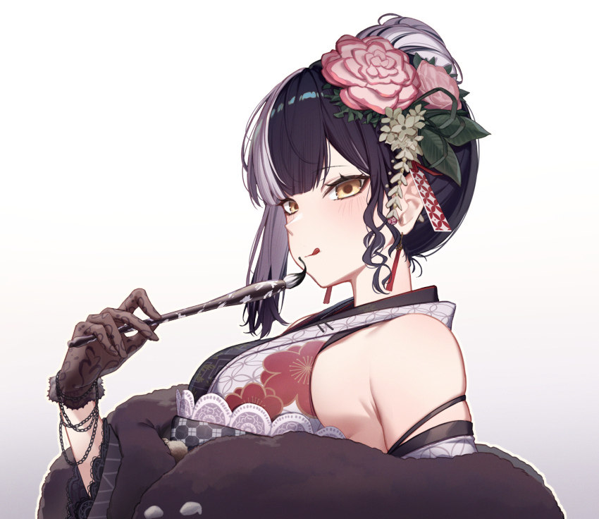 1girl, :q, armpit_crease, bare_shoulders, black_gloves, black_kimono, black_shawl, blunt_bangs