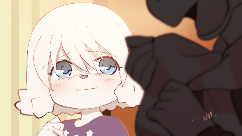 1boy, 1girl, animal_nose, baba_atsuya, batta1107, blue_eyes, blurry, blurry_foreground