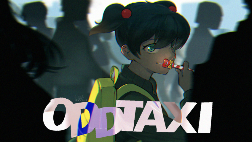 1girl, backpack, bag, batta1107, beads, black_hair, black_sweater, copyright_name, crowd, green_eyes, hair_beads, hair_ornament, hand_up, holding, holding_pen, looking_at_viewer, mitsuya_yuki, odd_taxi, pen, people, short_hair, short_twintails, signature, silhouette, smile, solo_focus, sweater, twintails, upper_body