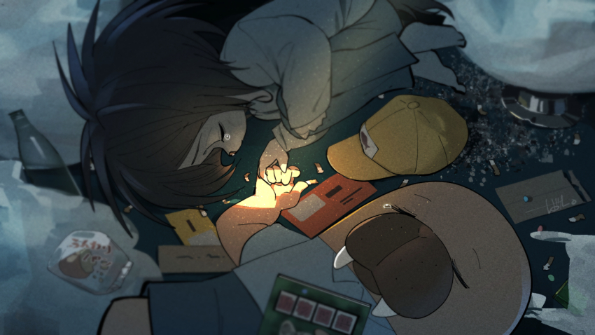 2boys, barefoot, baseball_cap, batta1107, black_hair, bottle, cigarette, closed_eyes