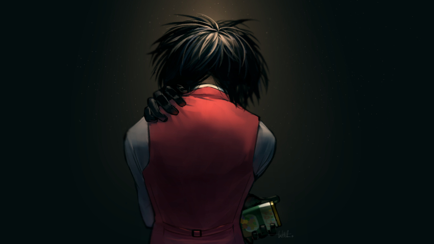 1boy, batta1107, black_background, black_gloves, black_hair, can, facing_away, from_behind