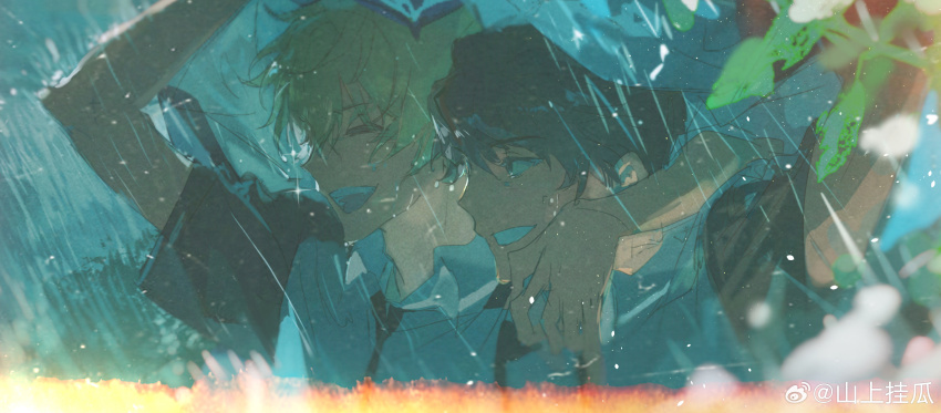 2boys, ^_^, absurdres, arm_around_neck, black_hair, black_necktie, black_sleeves, blonde_hair, brown_eyes, bush, chinese_commentary, closed_eyes, coat_on_head, collared_shirt, commentary_request, grin, highres, huang_shao_tian, male_focus, multiple_boys, necktie, open_mouth, outdoors, quan_zhi_gao_shou, rain, shanshang_guagua, sharing, shirt, short_hair, short_sleeves, smile, teeth, upper_body, upper_teeth_only, watermark, weibo_watermark, wet, white_shirt, wide_sleeves, yu_feng