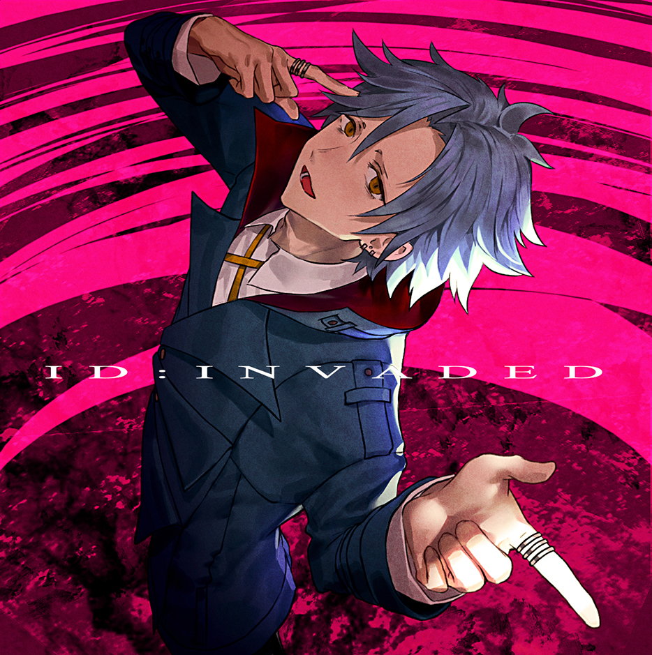 1boy, anaido_(id:invaded), antenna_hair, blue_coat, blue_hair, brown_eyes, coat, collared_coat