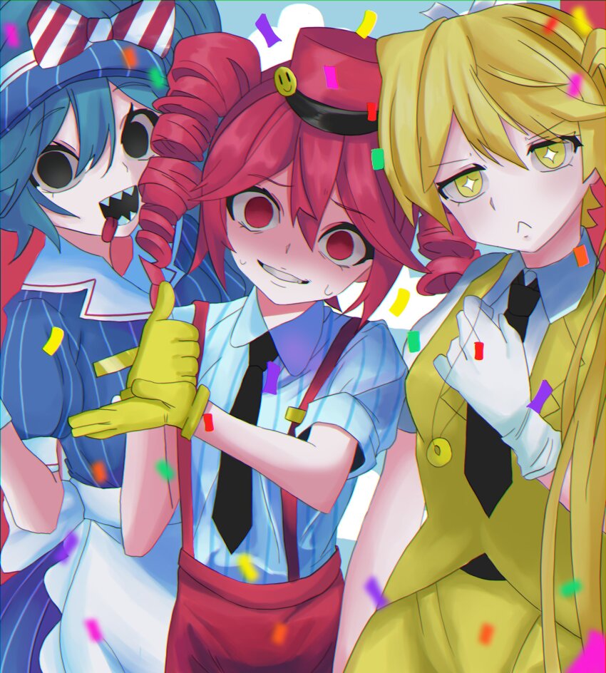 +_+, 3girls, absurdres, akita_neru, aqua_hair, black_eyes, black_mouth, black_necktie