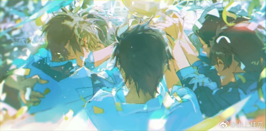 5boys, ^_^, black_hair, black_sleeves, blonde_hair, bread, bread_slice, brown_hair