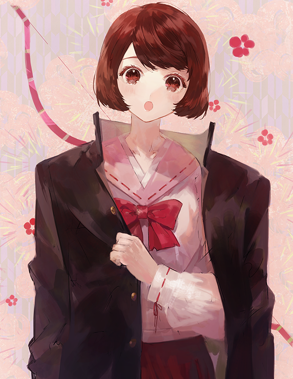 1girl, :o, blush, bow, brown_eyes, brown_hair, gakuen_basara, jacket, jacket_on_shoulders, pink_background, pink_sailor_collar, pink_shirt, red_ribbon, red_skirt, ribbon, sailor_collar, school_uniform, sengoku_basara, serafuku, shirt, short_hair, skirt, solo, suishagoya, tsuruhime_(sengoku_basara), upper_body