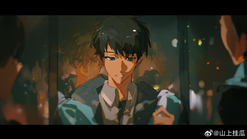 2boys, black_hair, blonde_hair, blue_eyes, blue_jacket, chinese_commentary, city, collared_shirt