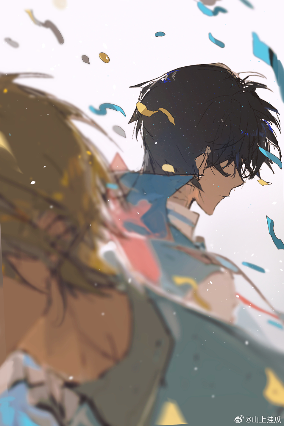 2boys, back-to-back, black_hair, blonde_hair, blue_jacket, chinese_commentary, closed_mouth, collared_jacket, collared_shirt, commentary_request, confetti, expressionless, from_behind, high_collar, highres, huang_shao_tian, jacket, light_particles, long_sleeves, male_focus, multiple_boys, quan_zhi_gao_shou, shanshang_guagua, shirt, short_hair, simple_background, upper_body, watermark, weibo_watermark, white_background, white_shirt, yu_feng