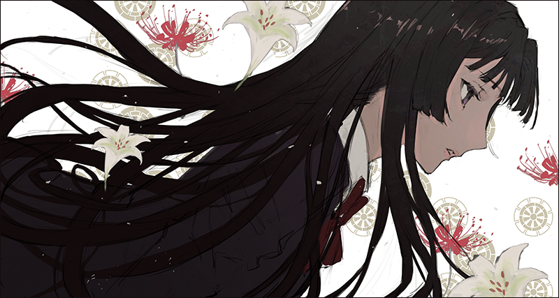 1girl, black_hair, black_jacket, bow, collared_shirt, flower, gakuen_basara, jacket