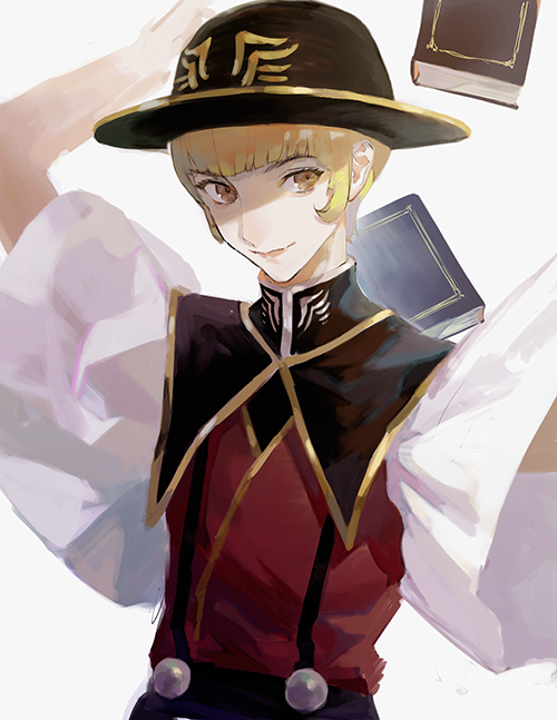 1boy, black_hat, blonde_hair, blunt_bangs, book, hand_on_own_head, hat, japanese_clothes