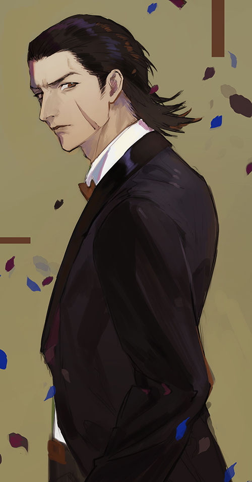 1boy, black_suit, brown_eyes, brown_hair, contemporary, facial_scar, formal_clothes, furrowed_brow