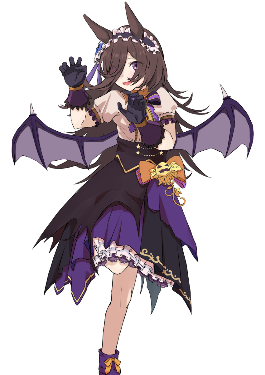 1girl, animal_ears, bat_wings, black_rabbit_77, blue_flower, blue_rose, blush, bow, bowtie, brown_hair, claw_pose, commentary_request, fake_wings, fangs, flower, frilled_hairband, frills, full_body, gloves, hair_over_one_eye, hairband, hand_up, highres, horse_ears, horse_girl, horse_tail, long_hair, looking_at_viewer, official_alternate_costume, orange_bow, puffy_short_sleeves, puffy_sleeves, purple_eyes, purple_footwear, purple_gloves, purple_skirt, raised_eyebrows, ribbon, rice_shower_(vampire_makeover!)_(umamusume), rice_shower_(umamusume), rose, shirt, short_sleeves, simple_background, skirt, solo, standing, standing_on_one_leg, tail, umamusume, upper_body, white_background, white_shirt, wings