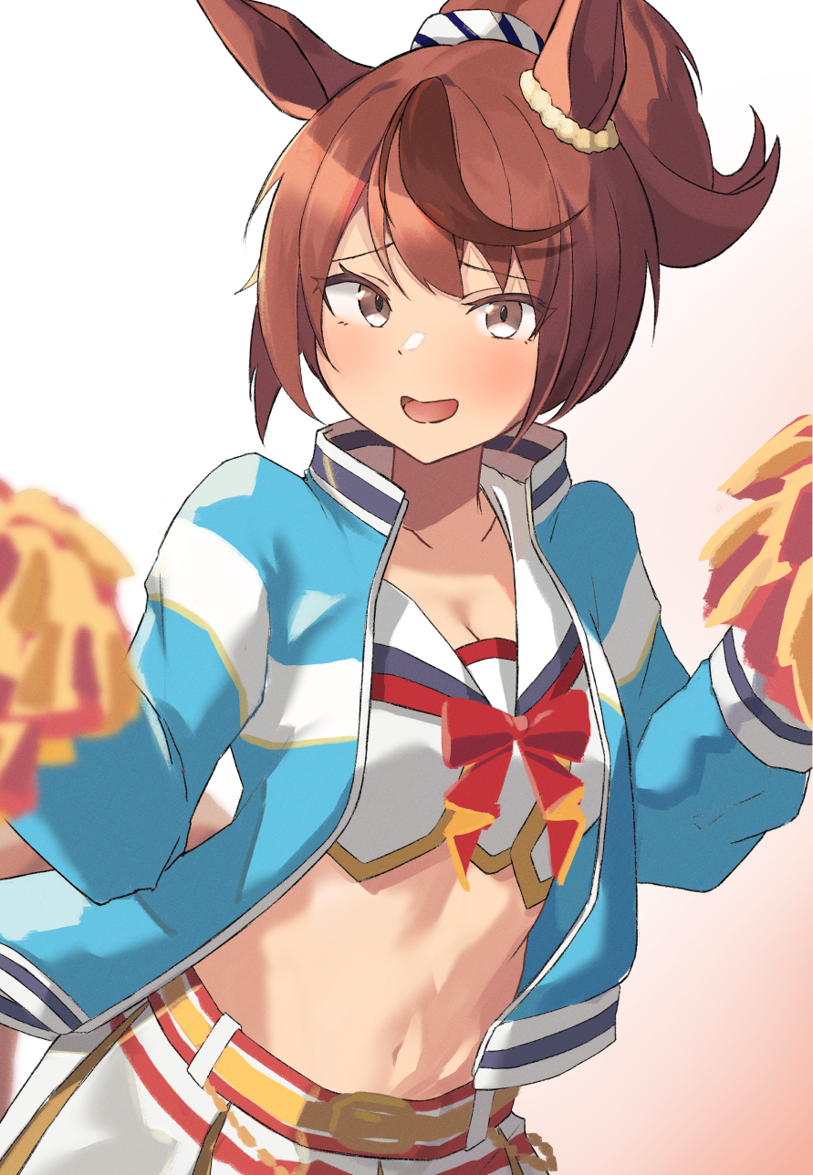 1girl, animal_ears, black_rabbit_77, blue_jacket, brown_hair, cheerleader, commentary_request, grey_eyes