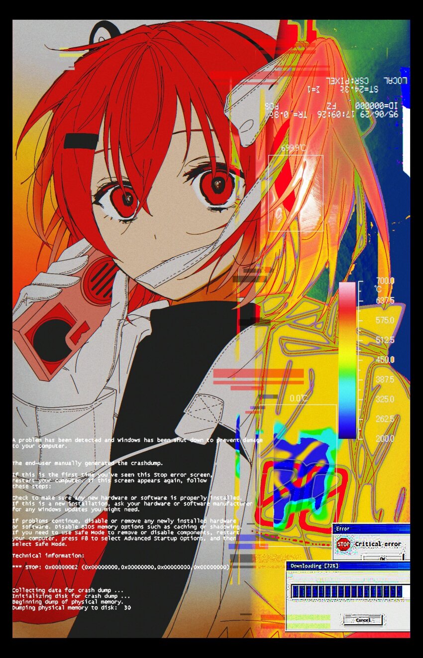 1girl, a.i._voice, adachi_rei, azuma_kurumi, black_border, black_shirt, blank_stare, blue_background