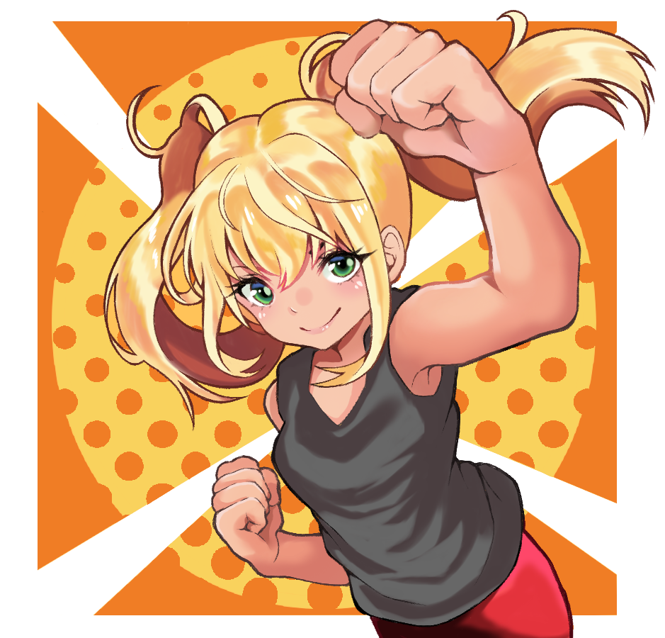 1girl, arm_up, bare_shoulders, black_tank_top, blonde_hair, breasts, dumbbell_nan_kilo_moteru?, green_eyes