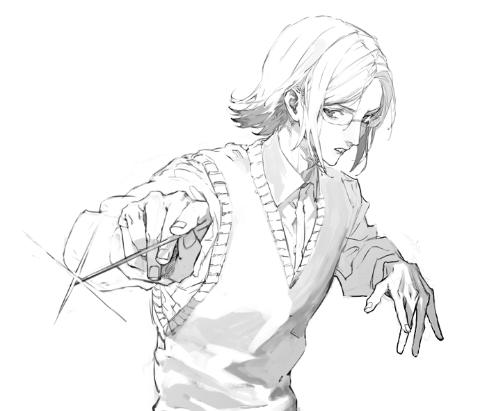 1boy, collared_shirt, conductor_baton, gakuen_basara, glasses, glint, greyscale, long_sleeves, looking_at_object, male_focus, medium_hair, monochrome, mouri_motonari_(sengoku_basara), parted_lips, sengoku_basara, shirt, simple_background, sketch, solo, suishagoya, sweater_vest, upper_body, white_background