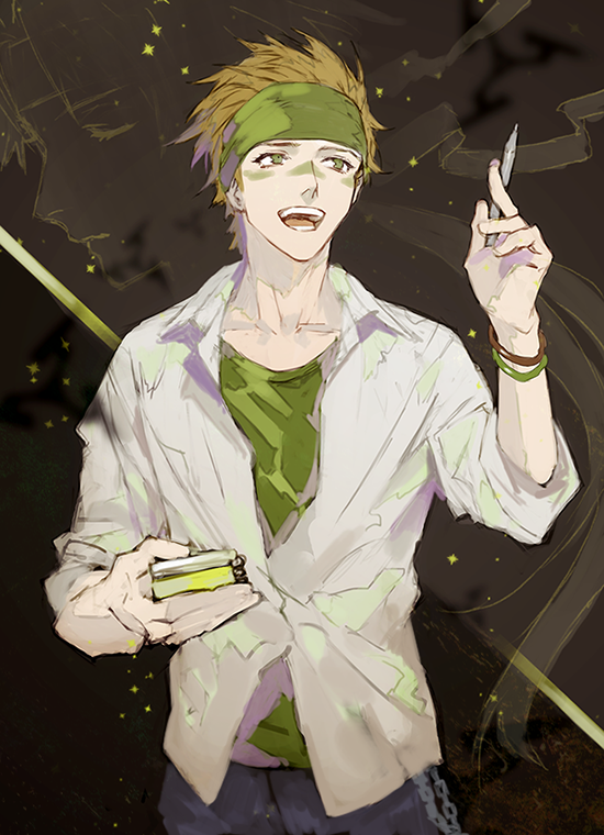 1boy, :d, wallet_chain, brown_hair, cowboy_shot, dress_shirt, facepaint, gakuen_basara