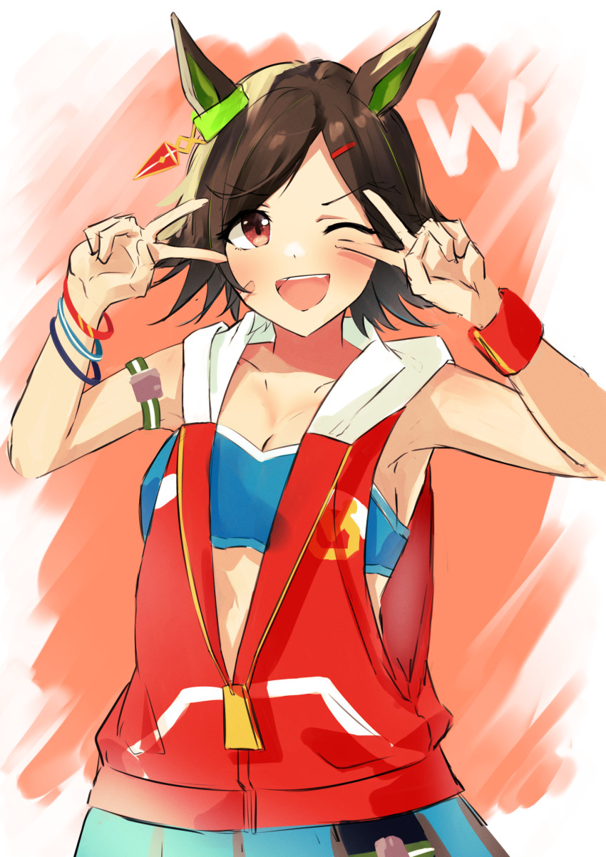 1girl, ;d, animal_ears, bandaid, bandaid_on_face, black_hair, black_rabbit_77, blue_shirt