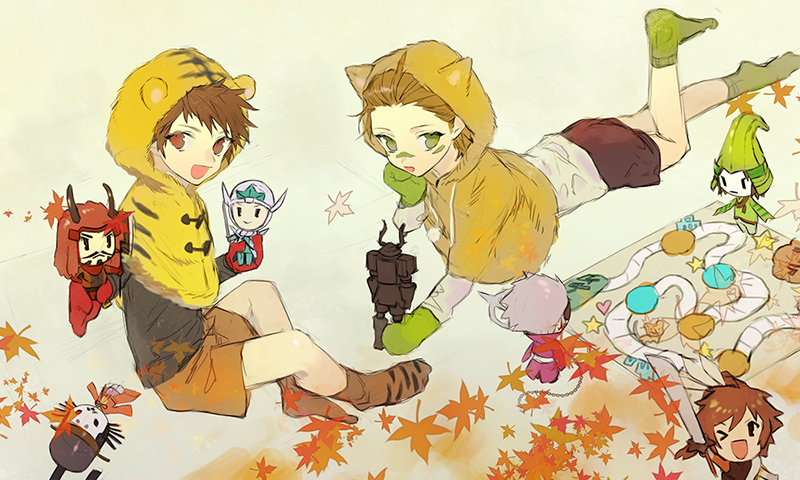 2boys, :d, aged_down, animal_print, board_game, brown_hair, brown_socks, capelet