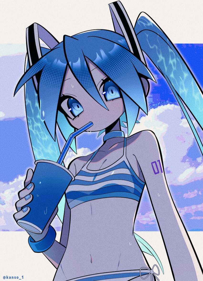 1girl, absurdres, aqua_choker, aqua_hair, artist_name, bare_shoulders, bikini, blue_bikini, blue_eyes, blue_hair, blue_nails, blue_sky, border, breasts, choker, cleavage, cloud, collarbone, commentary, cumulonimbus_cloud, cup, disposable_cup, drink, drinking, drinking_straw, film_grain, from_side, groin, hair_between_eyes, halftone, hatsune_miku, highres, holding, holding_cup, holding_drink, kansou_(kanso_1), letterboxed, long_bangs, long_hair, looking_at_viewer, looking_to_the_side, midriff, multicolored_bikini, nail_polish, navel, number_tattoo, outdoors, outside_border, ringed_eyes, side-tie_bikini_bottom, sky, small_breasts, solo, striped_bikini, striped_clothes, swimsuit, untranslatable_commentary, tattoo, twintails, twitter_username, two-tone_bikini, upper_body, very_long_hair, vocaloid, white_bikini, white_border