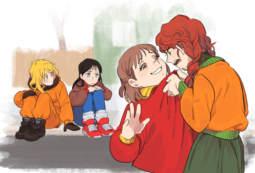 4girls, animification, black_hair, blonde_hair, blue_eyes, boots, braid, brown_eyes