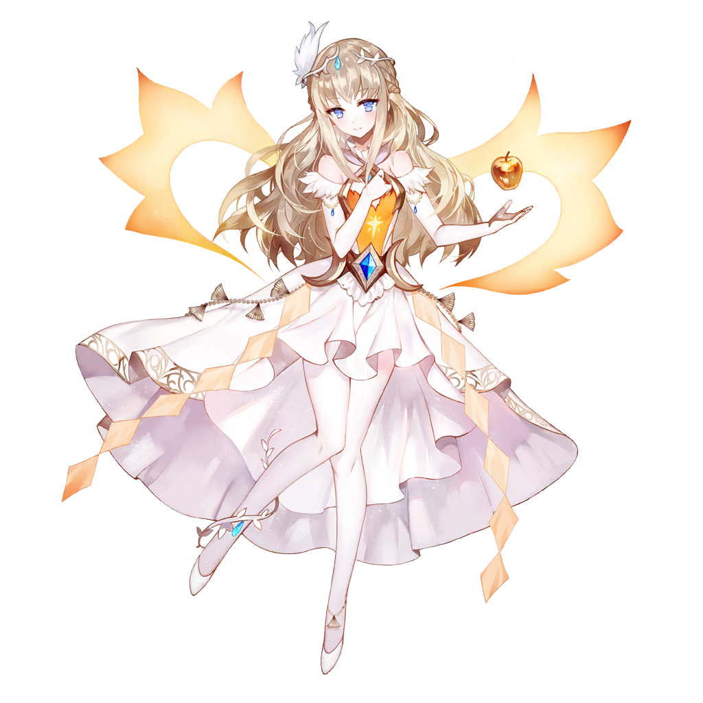 1girl, apple, bare_shoulders, blonde_hair, blue_eyes, closed_mouth, dress, elbow_gloves