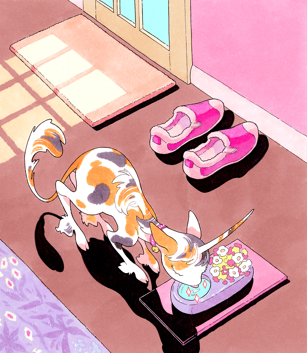 bell, calico_(pattern), calico_cat, cat, collar, creature, creature_focus, door, drinking_from_bowl, ears_back, fleebites, floral_print, flower, grey_fur, highres, horns, indoors, neck_bell, no_humans, orange_fur, original, pet_food, pink_collar, pink_flower, pink_slippers, rug, shoes, single_horn, slippers, sparkle, squatting, sunlight, tongue, tongue_out, unicorn, unworn_shoes, white_flower, white_fur, yellow_flower
