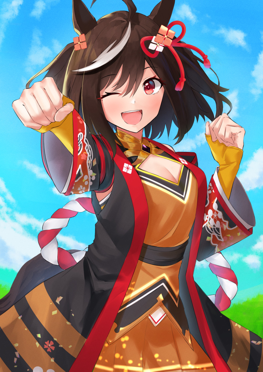 1girl, ;d, black_hair, black_rabbit_77, black_sleeves, blue_sky, blush, breasts