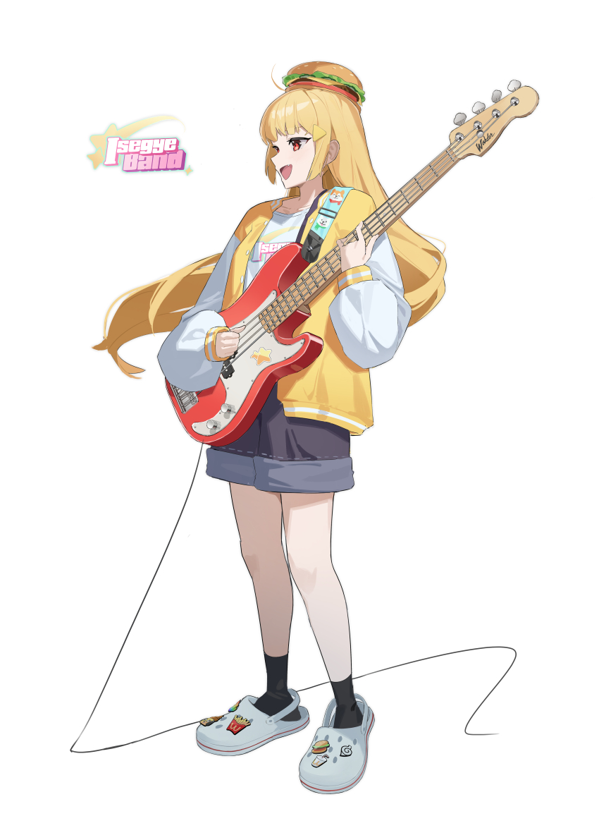 1girl, absurdres, ahoge, bass_guitar, blonde_hair, burger_hat, crocs, fang