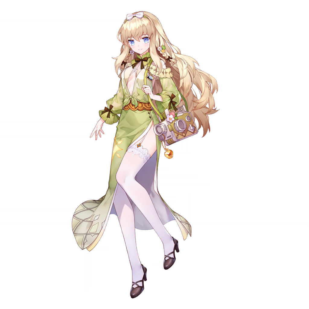 1girl, black_footwear, blonde_hair, blue_eyes, bow, camera, cleavage_cutout, closed_mouth, clothing_cutout, dress, full_body, green_dress, hair_bow, holding, holding_camera, honkai_(series), honkai_gakuen, idun_(honkai_gakuen), long_hair, official_art, solo, thighhighs, third-party_source, transparent_background, white_thighhighs
