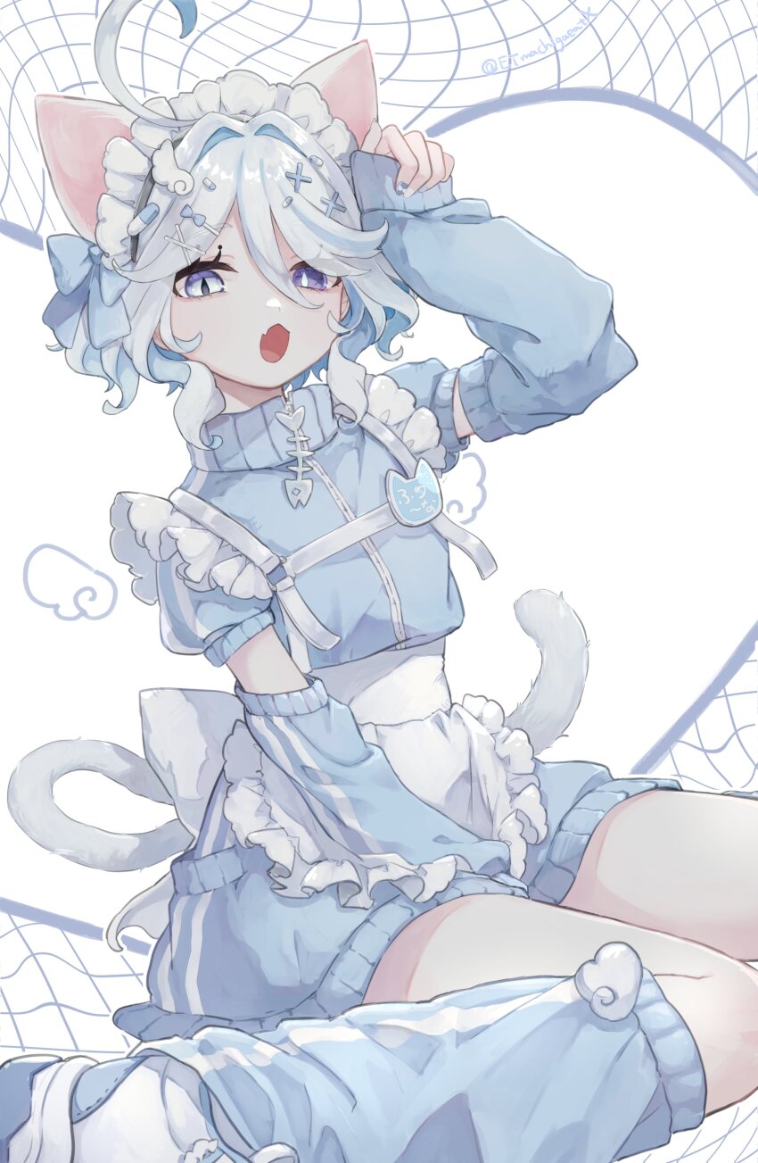 1girl, absurdres, ahoge, alternate_costume, apron, arm_warmers, blue_eyes, blue_hair