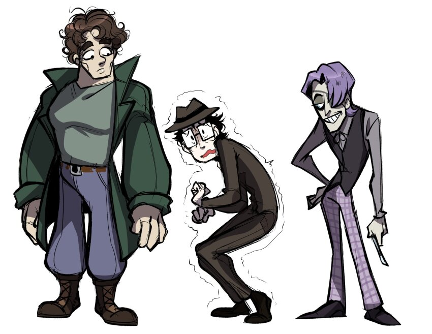 3boys, belt, black_footwear, black_hair, black_vest, blue_hair, boots, brown_belt