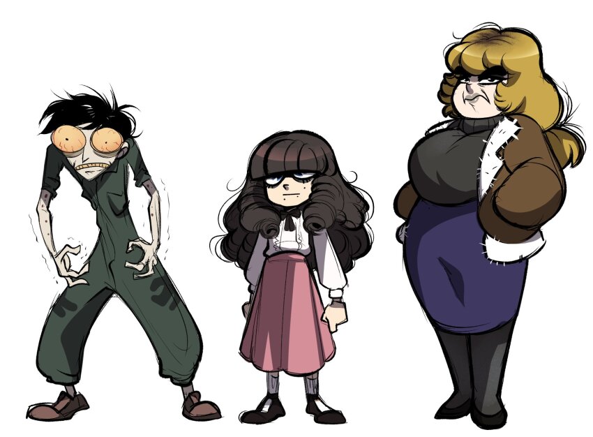 1boy, 2girls, black_eyes, black_footwear, black_hair, black_pantyhose, black_ribbon, black_sweater, blonde_hair, bloodshot_eyes, blue_eyes, blue_skirt, bomber_jacket, breasts, brown_footwear, brown_hair, brown_jacket, caricature, closed_mouth, colored_teeth, commentary, face_piercing, fear_&amp;_hunger, fear_&amp;_hunger_(series), fear_&amp;_hunger_2:_termina, frown, full_body, green_jumpsuit, hands_in_pockets, height_difference, highres, jacket, jumpsuit, karin_(fear_&amp;_hunger), karladraws14, large_breasts, levi_(fear_&amp;_hunger), lineup, long_hair, long_skirt, long_sleeves, looking_at_viewer, marina_(fear_&amp;_hunger), mouth_piercing, multiple_girls, neck_ribbon, open_clothes, open_jacket, pantyhose, piercing, pink_skirt, plump, ponytail, ribbon, shirt, shirt_tucked_in, shoes, short_hair, short_sleeves, simple_background, skinny, skirt, socks, standing, sweater, trembling, white_background, white_shirt, white_socks, yellow_eyes, yellow_teeth