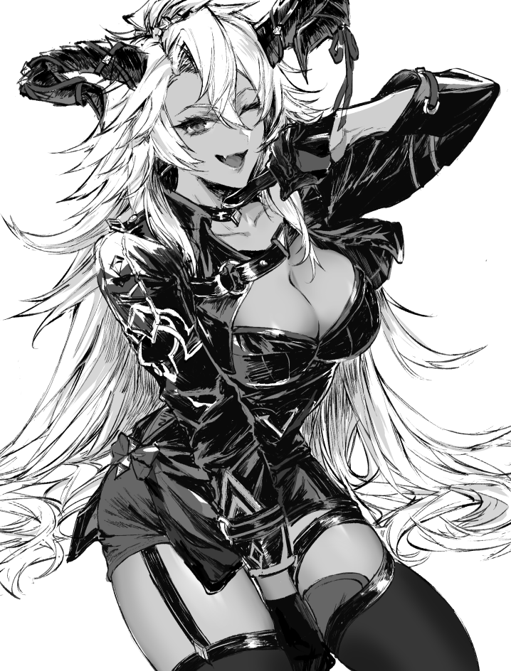 breasts, cleavage, fang, fediel_(granblue_fantasy), garter_straps, gloves, granblue_fantasy, greyscale