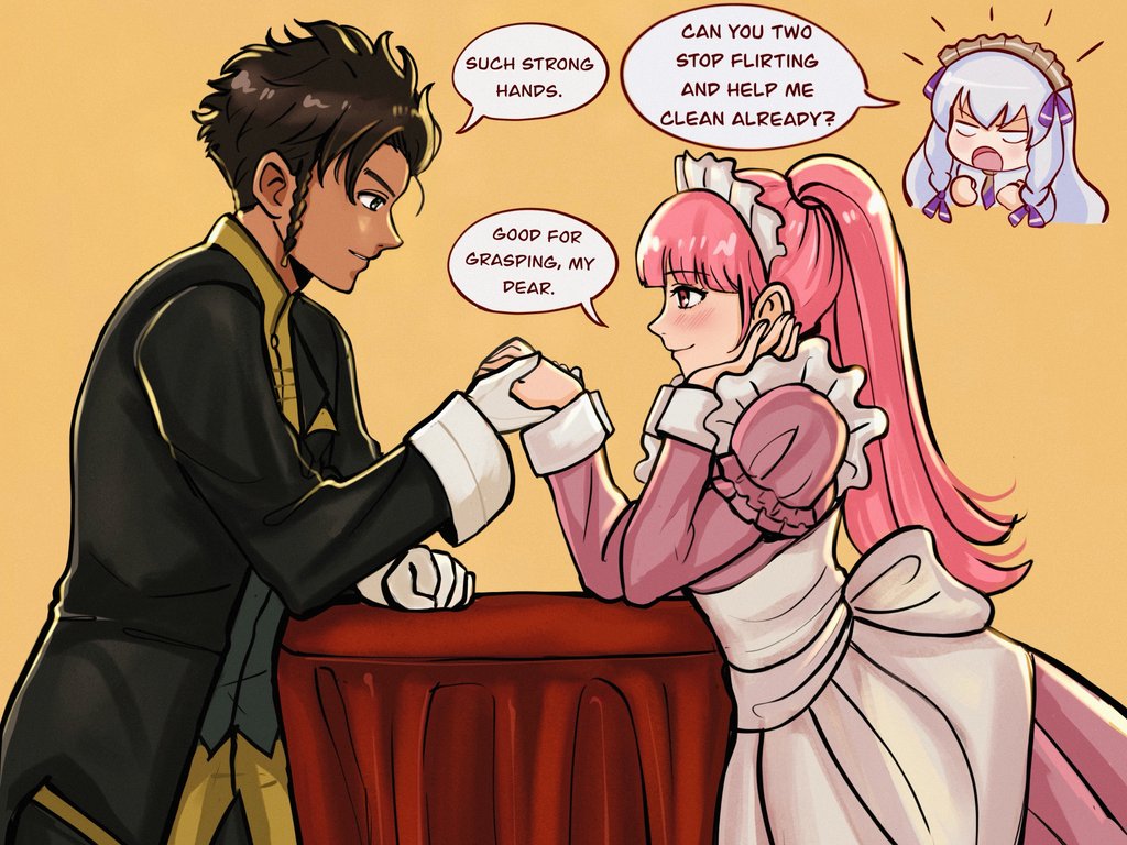 1boy, 2girls, alternate_costume, braid, claude_von_riegan, commentary, commission, couple, dark-skinned_male, dark_skin, english_commentary, english_text, fire_emblem, fire_emblem:_three_houses, fire_emblem_heroes, gloves, hetero, hilda_valentine_goneril, hunnymzdraws, long_hair, lysithea_von_ordelia, lysithea_von_ordelia_(tea_party), maid, maid_headdress, multiple_girls, nintendo, official_alternate_costume, pink_hair, second-party_source, short_hair, side_braid, speech_bubble, twintails, white_gloves, yellow_background
