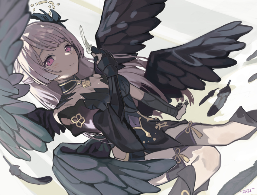 1girl, absurdres, armored_gloves, breasts, broken_halo, closed_mouth, clothing_cutout, feathered_wings