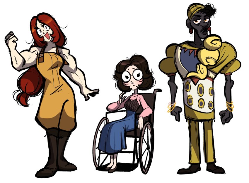 1boy, 2girls, abella_(fear_&amp;_hunger), black_footwear, black_hair, blue_skirt, boots, bracelet, brown_hair, caricature, dark-skinned_male, dark_skin, facial_hair, fear_&amp;_hunger, fear_&amp;_hunger_2:_termina, glasses, hand_up, hat, highres, jewelry, karladraws14, lineup, long_hair, long_skirt, long_sleeves, looking_at_viewer, low-tied_long_hair, medium_hair, multiple_girls, muscular, muscular_female, mustache, o'saa_(fear_&amp;_hunger), olivia_(fear_&amp;_hunger), open_mouth, overalls, pants, pink_shirt, red_hair, round_eyewear, shirt, short_hair, simple_background, sitting, skirt, smile, standing, wheelchair, white_background, yellow_eyes, yellow_hat, yellow_overalls, yellow_pants